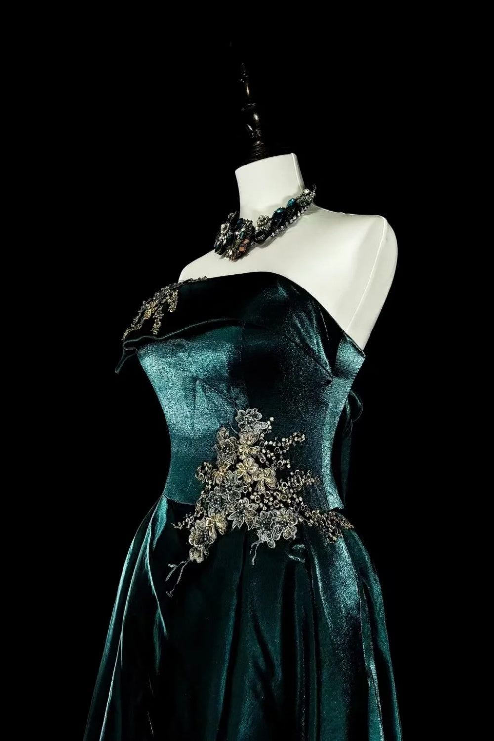 girlhomeshops-Teal Velvet pearled strapless Sleeveless Floor-Long Gothic Gown gh6318