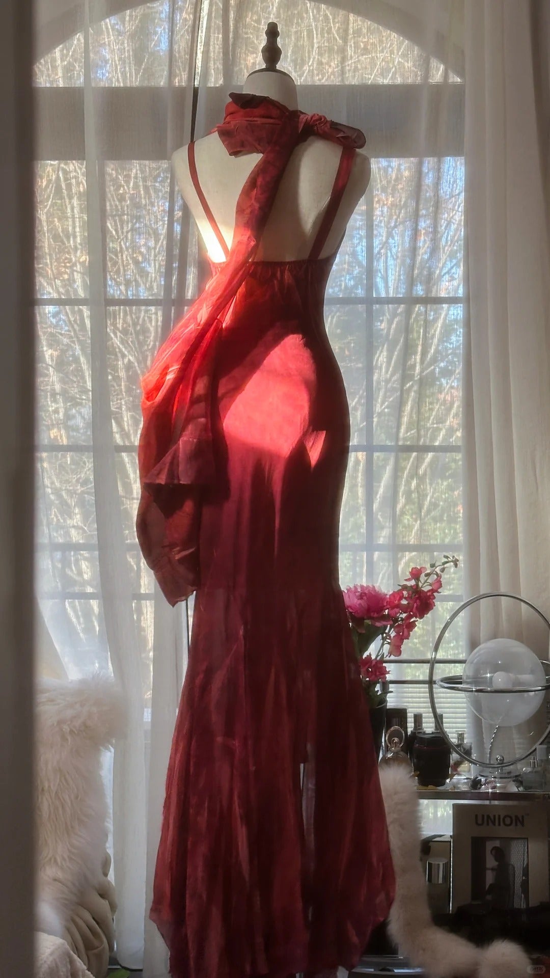 Rot Romantisch Mode Elegant Exquisite Lotus Gold Perlen Lang Chiffon Fischschwanz Rock Meerjungfrau Schlank Ballkleid Abendkleid Geburtstag/Hochzeitsgast/Urlaub Partykleid Ballkleid Valentinstag Date Kleid gh4029
