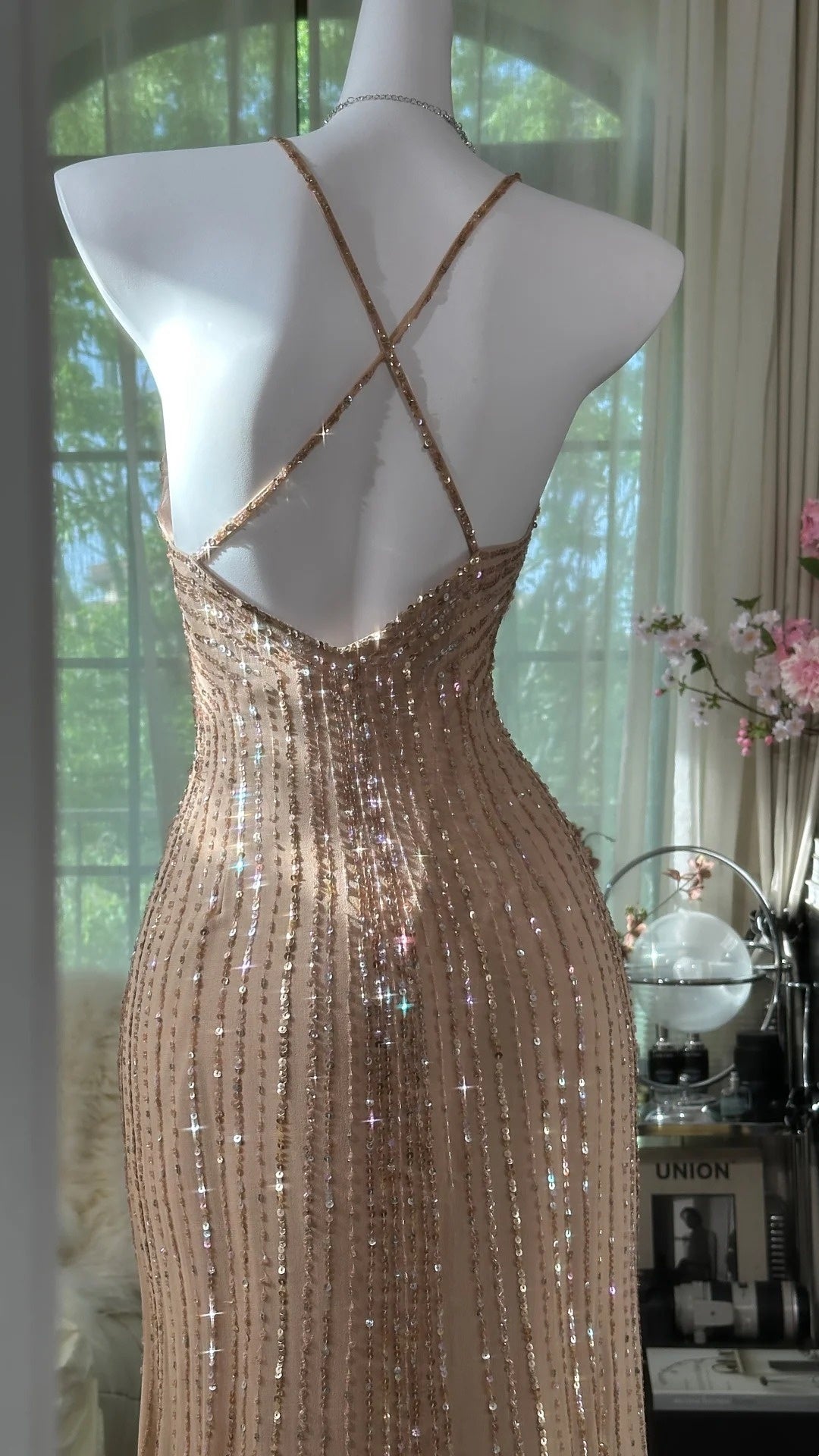 Luxury Sequin Style Cross-Strap Gown | Champagne Gold Tulle Mermaid Maxi Dress for Gala Red Carpet High-End Party Luxury Social Event gh6423