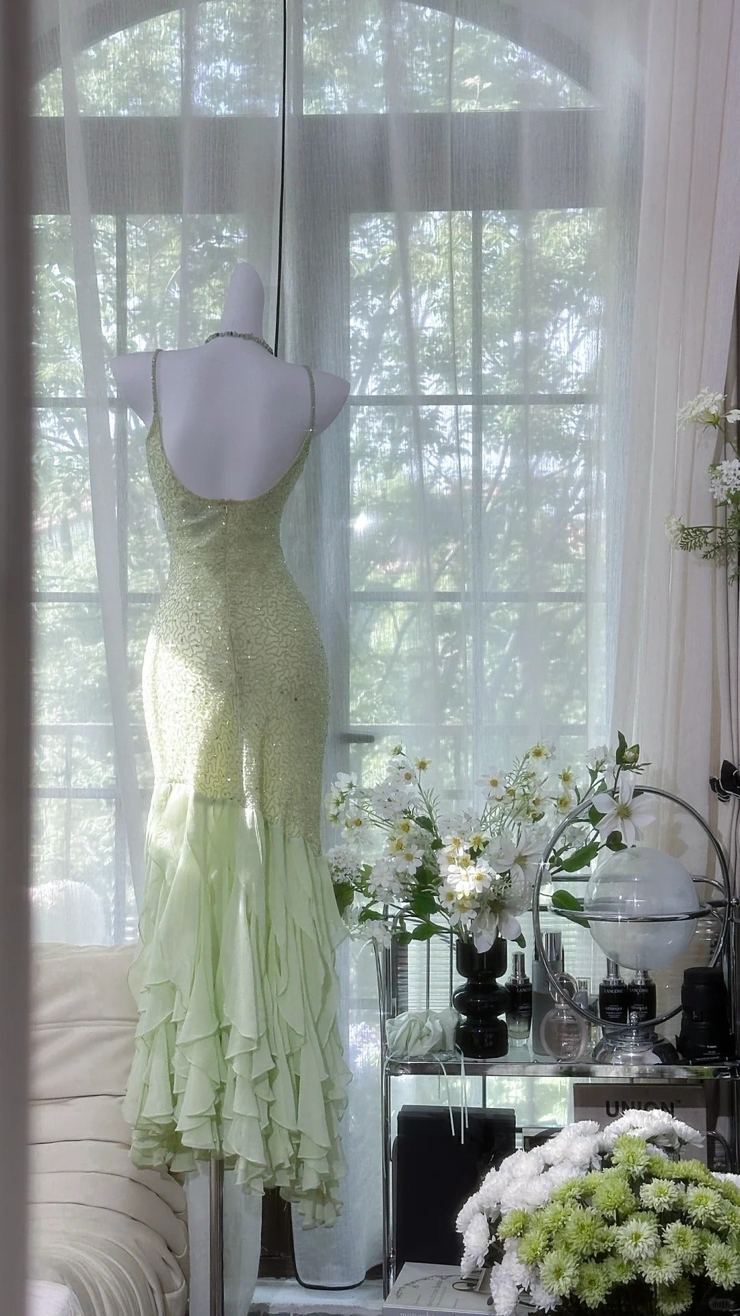 Robe de soirée longue à volants et paillettes, verte et brillante, gh4319