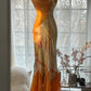 Orange Zarte Blumen Spaghetti Strap Lange Satin Chiffon Ballkleid Abendkleid Partykleid gh4093