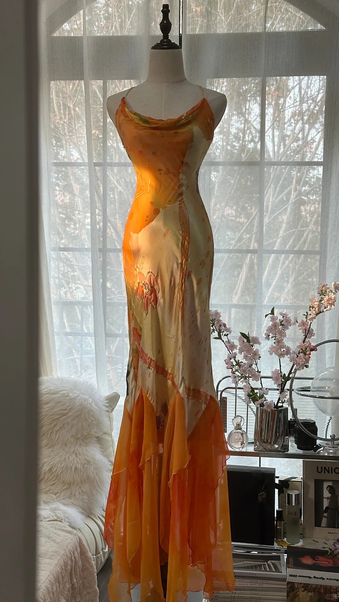 Orange Zarte Blumen Spaghetti Strap Lange Satin Chiffon Ballkleid Abendkleid Partykleid gh4093