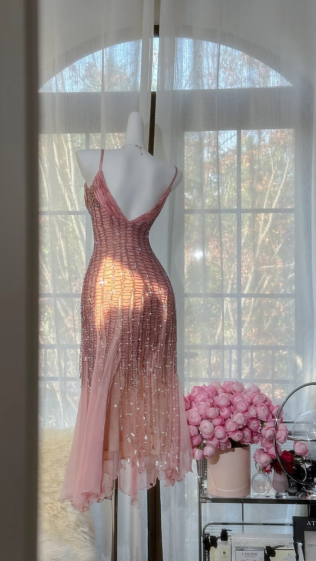 Pink Romantic Fairy Exquisite Bead Decoration Medium/Short Chiffon Date Dress Party Dress gh6912