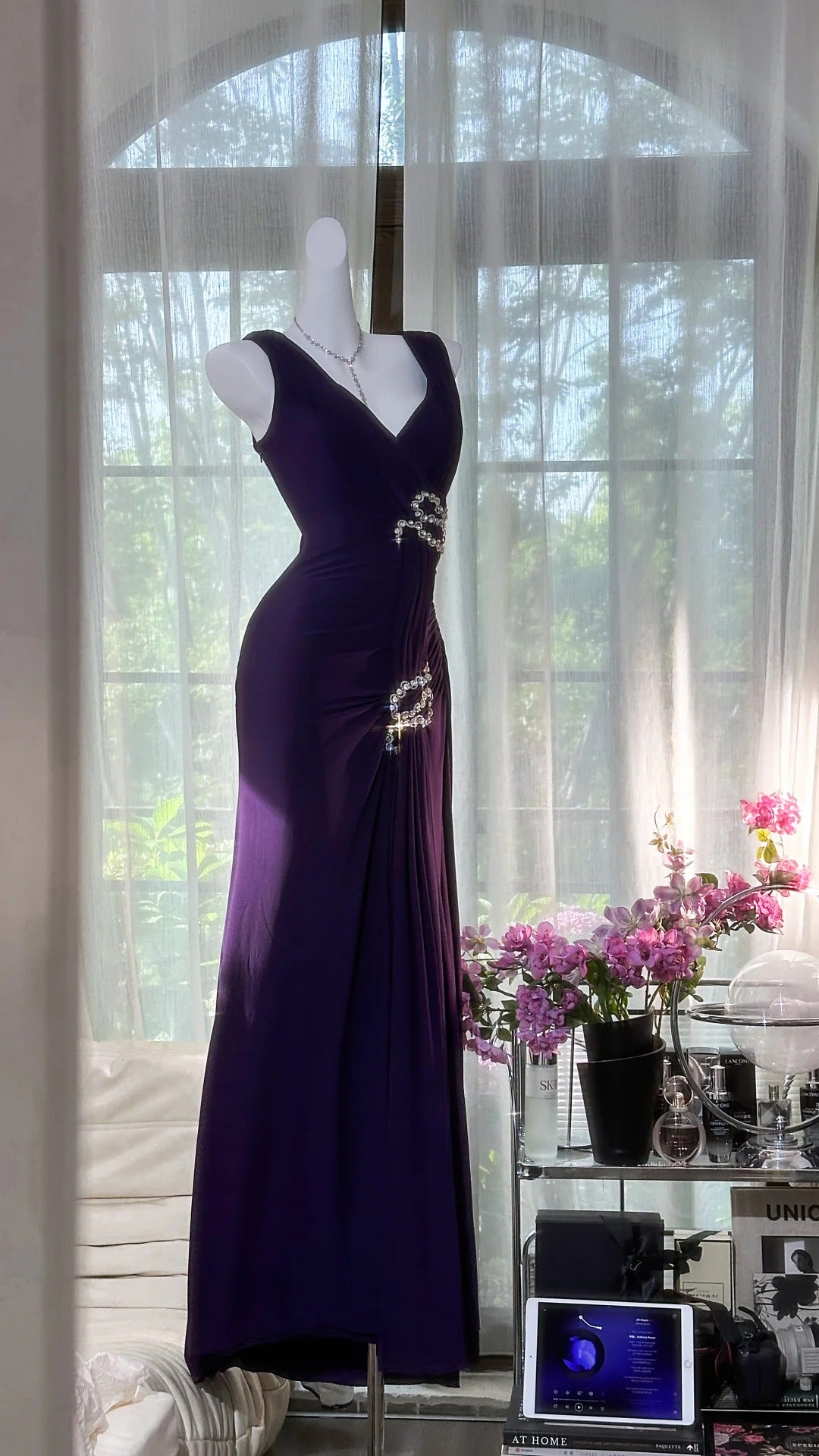 Robe de soirée longue en mousseline de soie violette avec strass, robe de soirée, robe de bal, gh4677