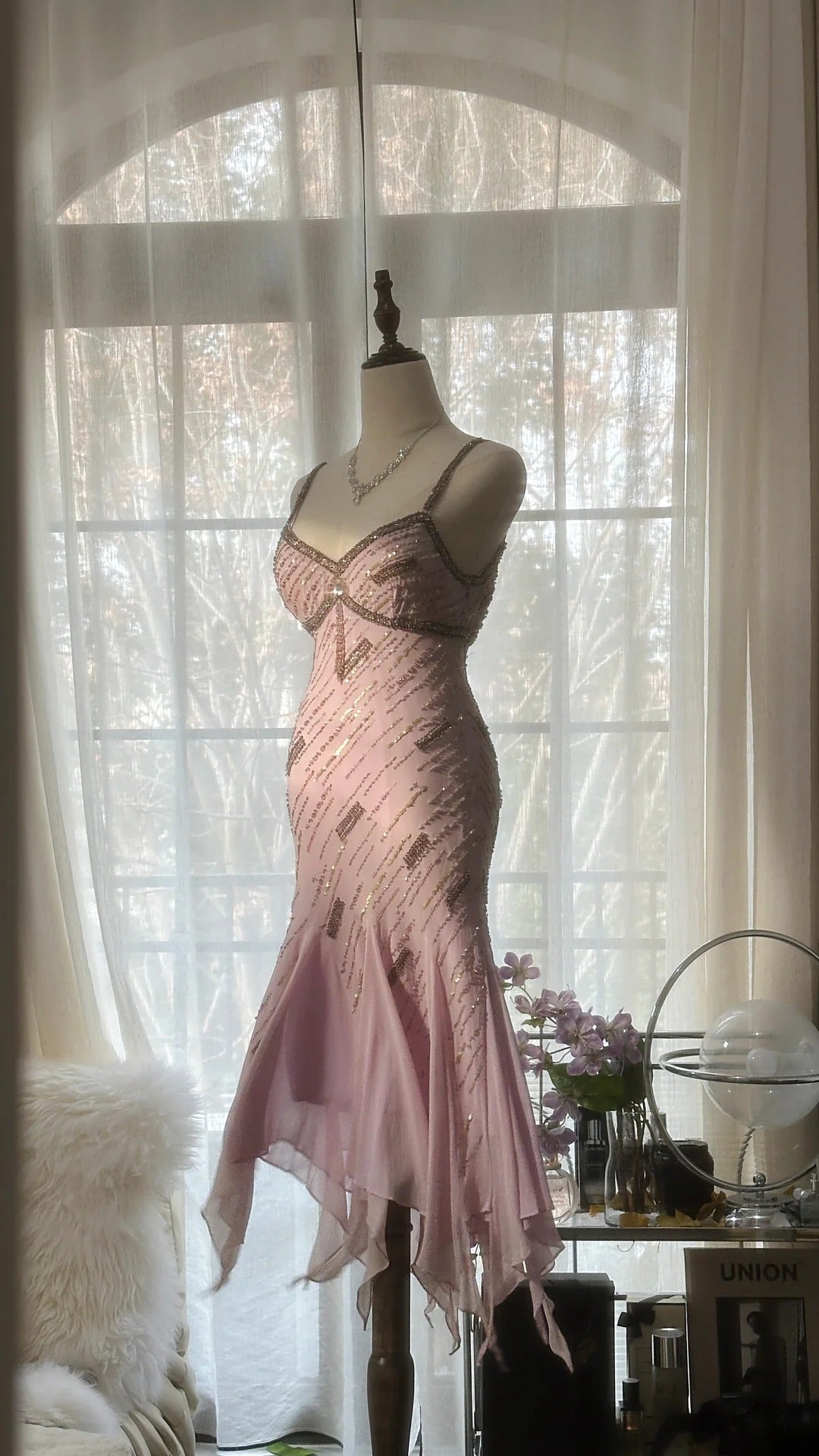 Pale Pink Elegant Fashion Sophisticated Beaded Sweetheart Neck Spaghetti Straps Long Chiffon Ruffled Homecoming Dress Prom Dress Evening Dress Birthday/Vacation Party Dress Prom Dress gh4067
