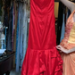 Red Satin Ruched Long Prom Dress with 3D Big Rose, Off Shoulder Formal Evening Gown gh9834