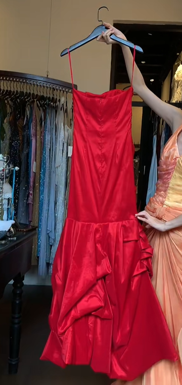 Red Satin Ruched Long Prom Dress with 3D Big Rose, Off Shoulder Formal Evening Gown gh9834
