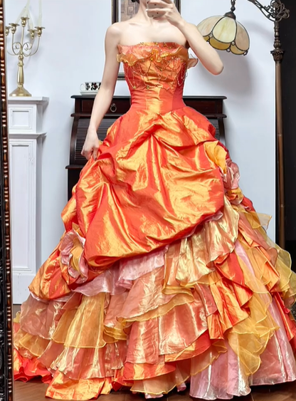Orange‑Gold Ombre Vintage Strapless Prom Gown, Beaded Bodice, Fitted Waist, Draped Ruffle Details, Multi‑Layer Ruffled Cake Ballgown Skirt, Vintage Oil‑Painting Style Evening Prom Dress gh8772