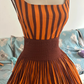 Orange‑Brown Vertical Stripe 1950s Vintage Midi Dress, Square Neck Sleeveless Wide High Waist Pleated Swing Skirt Retro Evening Gown gh9085