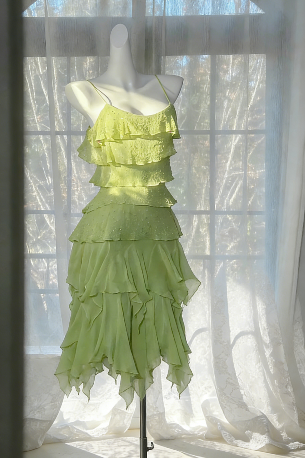 ✨Lime Green Ruffled Sequin Dress - Asymmetric Hem Cami Party Gown gh6941