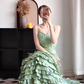 Sage‑Green‑Vintage‑Gown Spaghetti‑Strap Sweetheart‑Neckline Oversized‑Bow‑Bust‑Waist Ruched‑Bodice Multi‑Tier‑Ruffled‑Cake‑Mermaid‑Skirt Crinkled‑Taffeta‑Fabric Sweep‑Train Evening‑Prom‑Dress gh8829