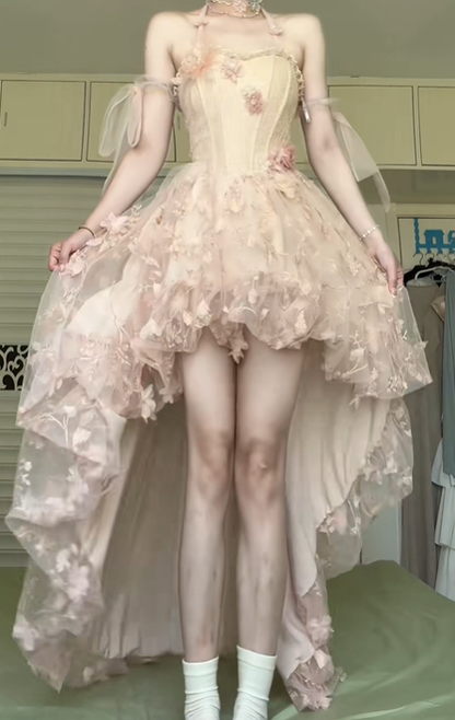 Blush Pink Spaghetti Strap High‑Low Prom Gown, Corset Bodice 3D Floral Appliqué Detachable Tulle Sleeve Formal Evening Dress gh8974