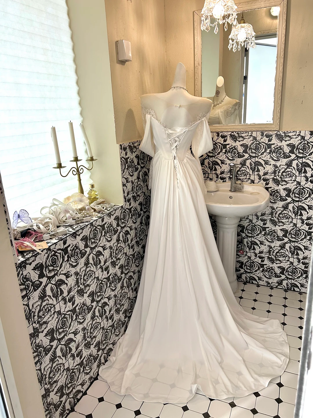 White Off-the-Shoulder Satin Waist-Cinched Slit Sexy Long Romantic Dress, Wedding Gown gh7718