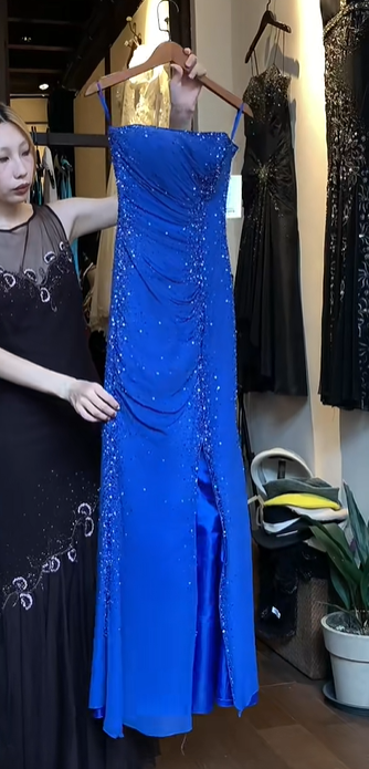 Spaghetti Strap Royal Blue Prom Dress Hand Beaded Rhinestone Ruched High Slit Chiffon Mermaid Evening Gown gh9827