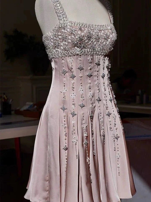 Girlhomeshops - Robe de soirée courte en satin rose, magnifique et exquise, ornée de perles, gh5306