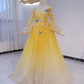 Yellow Gradient Long Sleeve Floral Embellished Long Evening Dress, Fairy Gown, Romantic Gown gh7378