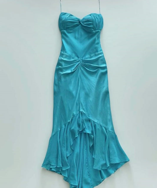 Girlhomeshops - Robe de soirée longue en mousseline de soie, élégante et simple, bleue, gh5199