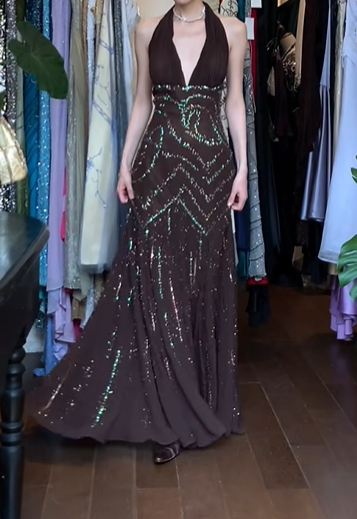 Dark Brown Vintage Prom Dress Halter Deep V Chevron Sequin Beaded Chiffon Long Evening Gown gh9605