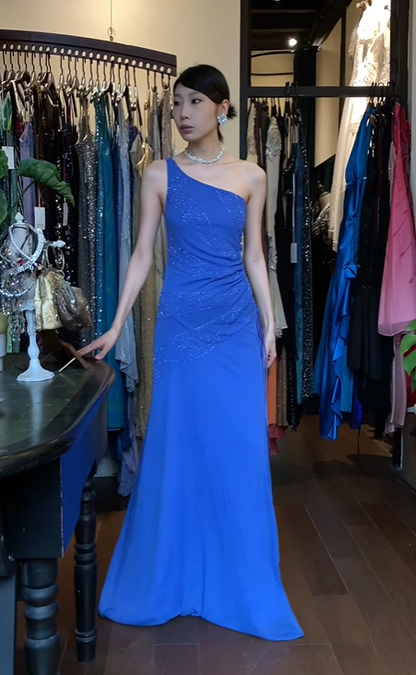 Royal Blue One Shoulder Long Formal Gown Chiffon Hand Beaded Evening Dress gh9646