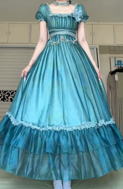Teal Ombre Vintage Lolita Ball Gown, Square Neck Puff Short Sleeve Lace Waist With Pearl Chain Ruffle Hem Tulle Formal Party Dress gh8966