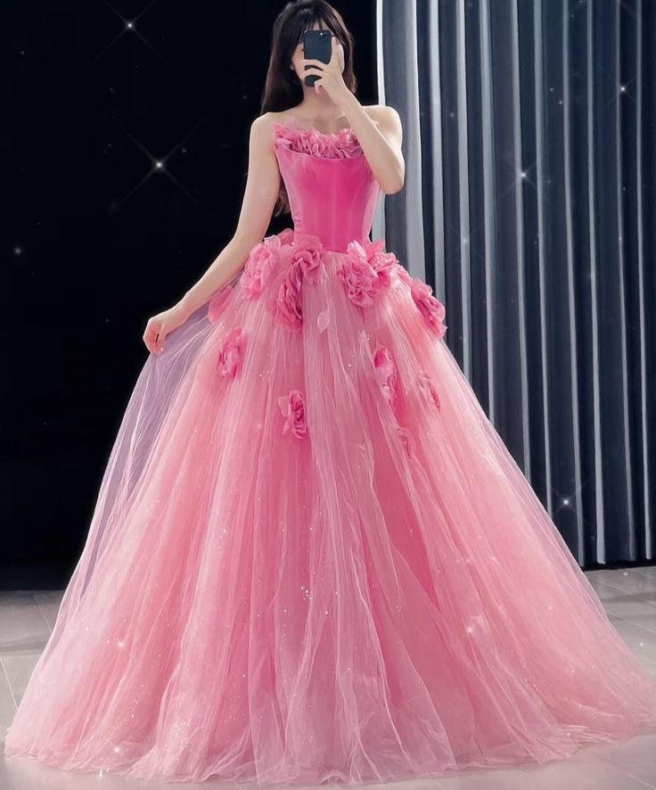 Robe de soirée longue en velours et tulle à fleurs roses, robe de bal, gh4885