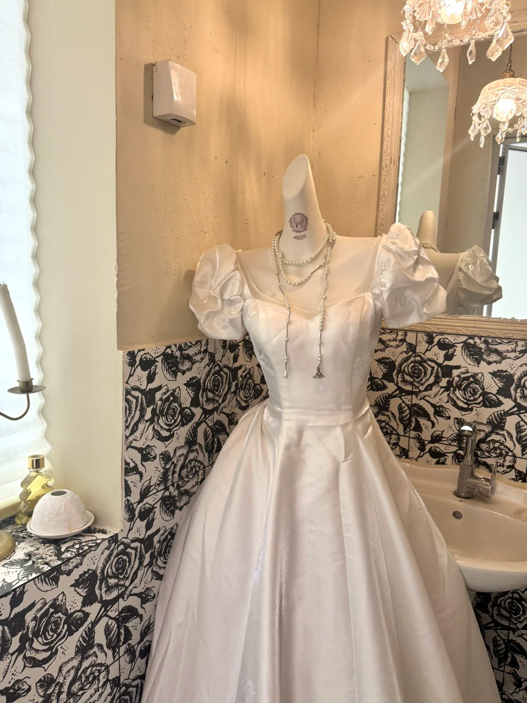 White Puff Sleeve Square Neck Satin Waist-Cinched Fitted Full Flared Romantic Dress, Wedding Gown gh7544