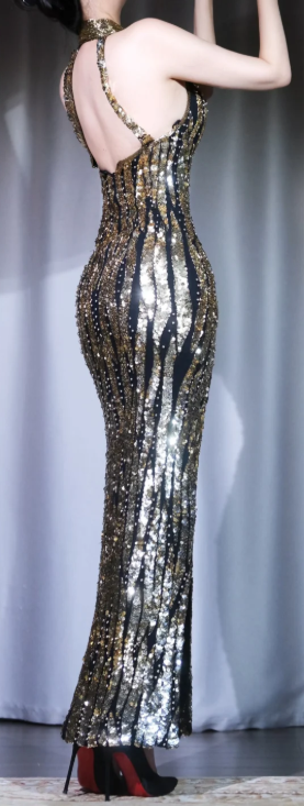 ✨Girlhomeshops-Halter Backless Striped Sequin High Slit Mermaid Long Party Dress gh10011