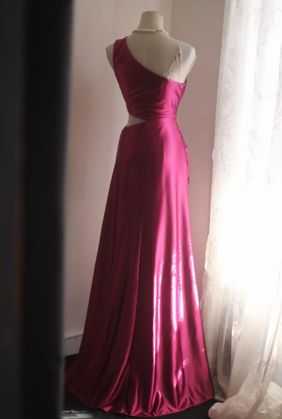 Fuchsia One‑Shoulder Satin Evening Gown, Waist Cutout Ruched High‑Slit Formal Prom Dress gh9125