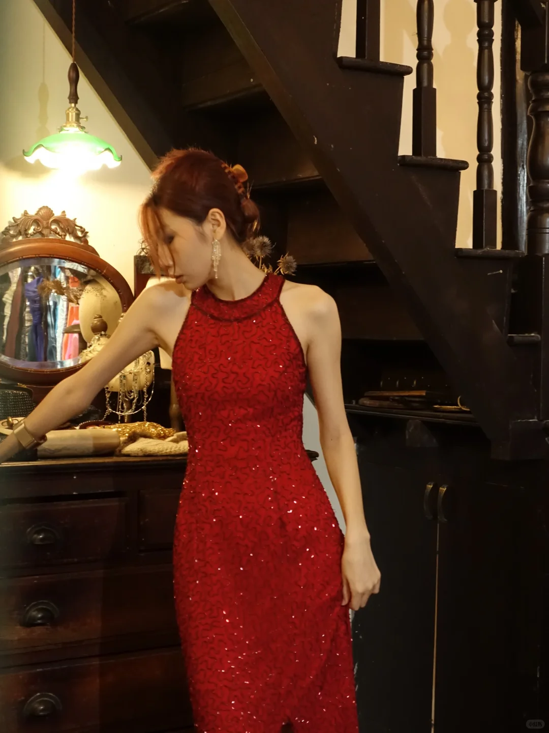 Red Halter Mermaid Prom Dress Hand Beaded Sequin Front Slit Long Evening Gown gh9861