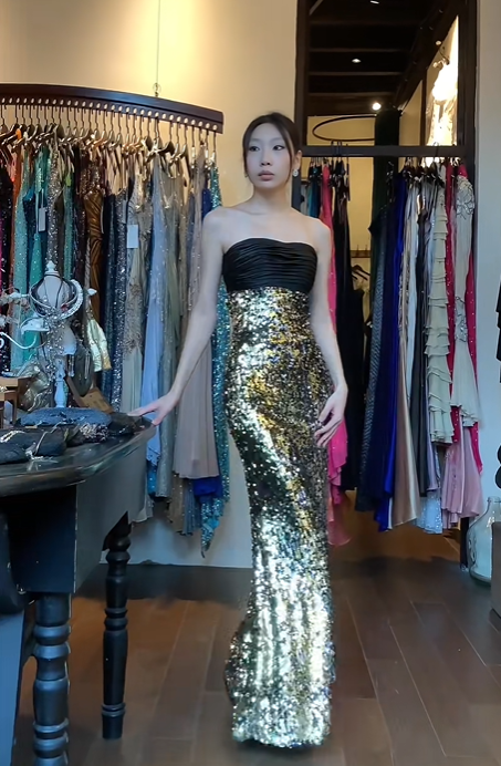 Strapless Two Tone Black Gold Evening Gown Ruched Satin Gold Sequin Mermaid Long Prom Dress gh9682