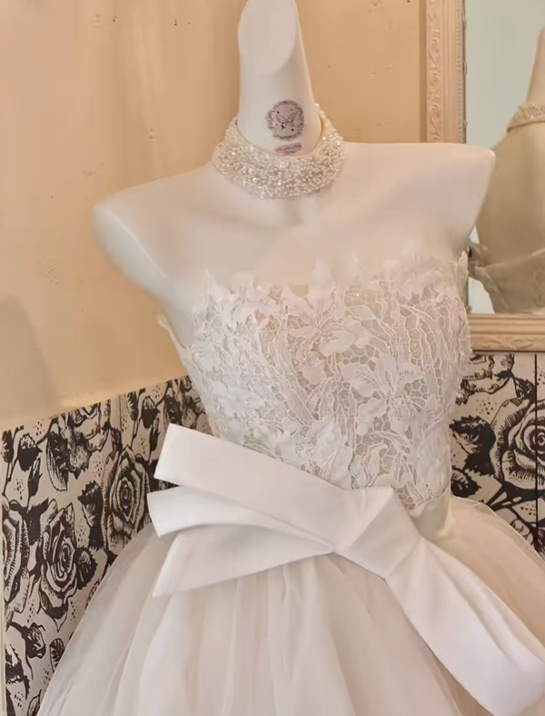 Ivory Lace Strapless Voluminous Skirt Tulle Long Romantic Dress, Wedding Gown gh7828