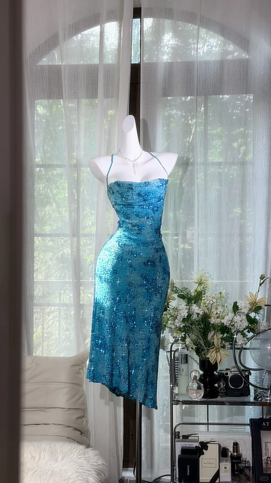 Turquoise Thin Halter Strap Sequin Midi Bodycon Evening Dress, Party Prom Gown gh9513