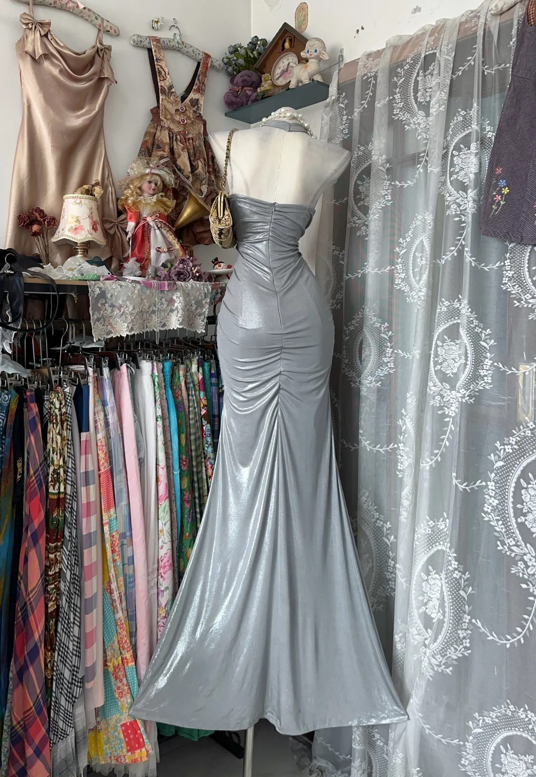 Light Gray Halter Spaghetti Strap Fitted Waist Retro Long Ball Gown Evening Dress gh7116