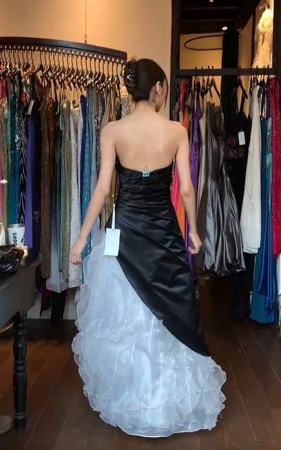 Strapless Black White Contrast Prom Dress, Rhinestone Ruched Asymmetrical Tiered Ruffle Organza Evening Gown gh9774