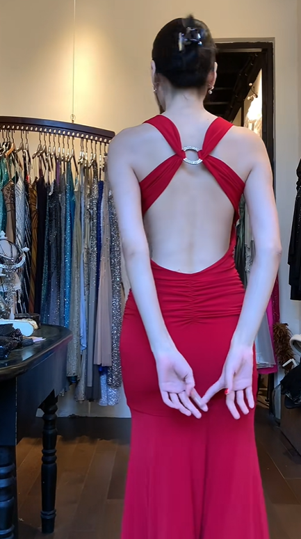Wide Strap V Neck Bright Red Evening Gown Ruched Bodice Front Slit Mermaid Long Prom Dress gh9698