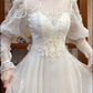 Ivory Vintage Tulle Wedding Prom Dress, High Neck Illusion Sweetheart, Leg‑of‑Mutton Puff Lace Sleeves, Lace Appliqués, Multi‑Tier Lace Long Train gh8683