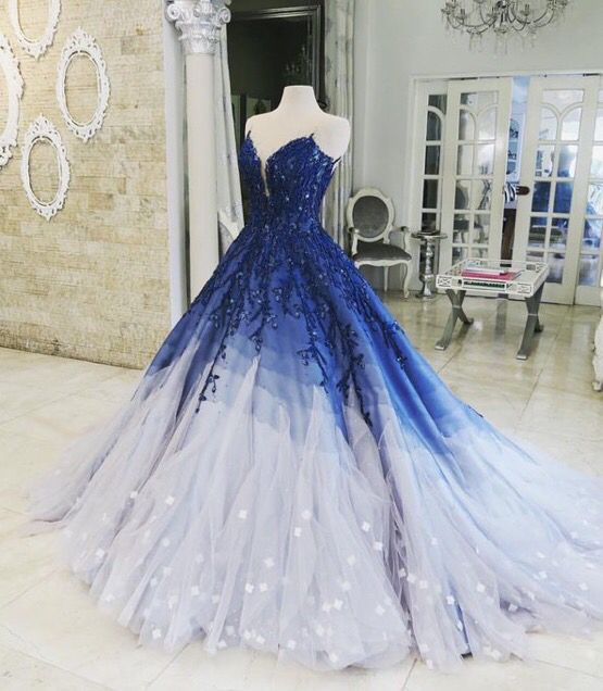 Blaues, glänzendes, elegantes V-Ausschnitt-Applikations-Farbverlaufs-Langballkleid, Ballkleid, Abendkleid, Zeremoniekleid für Erwachsene, gh3104