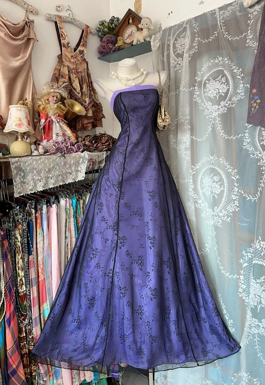✨Girlhomeshops-Purple Strapless Vintage A-Line Gown Black Floral Mesh gh10134