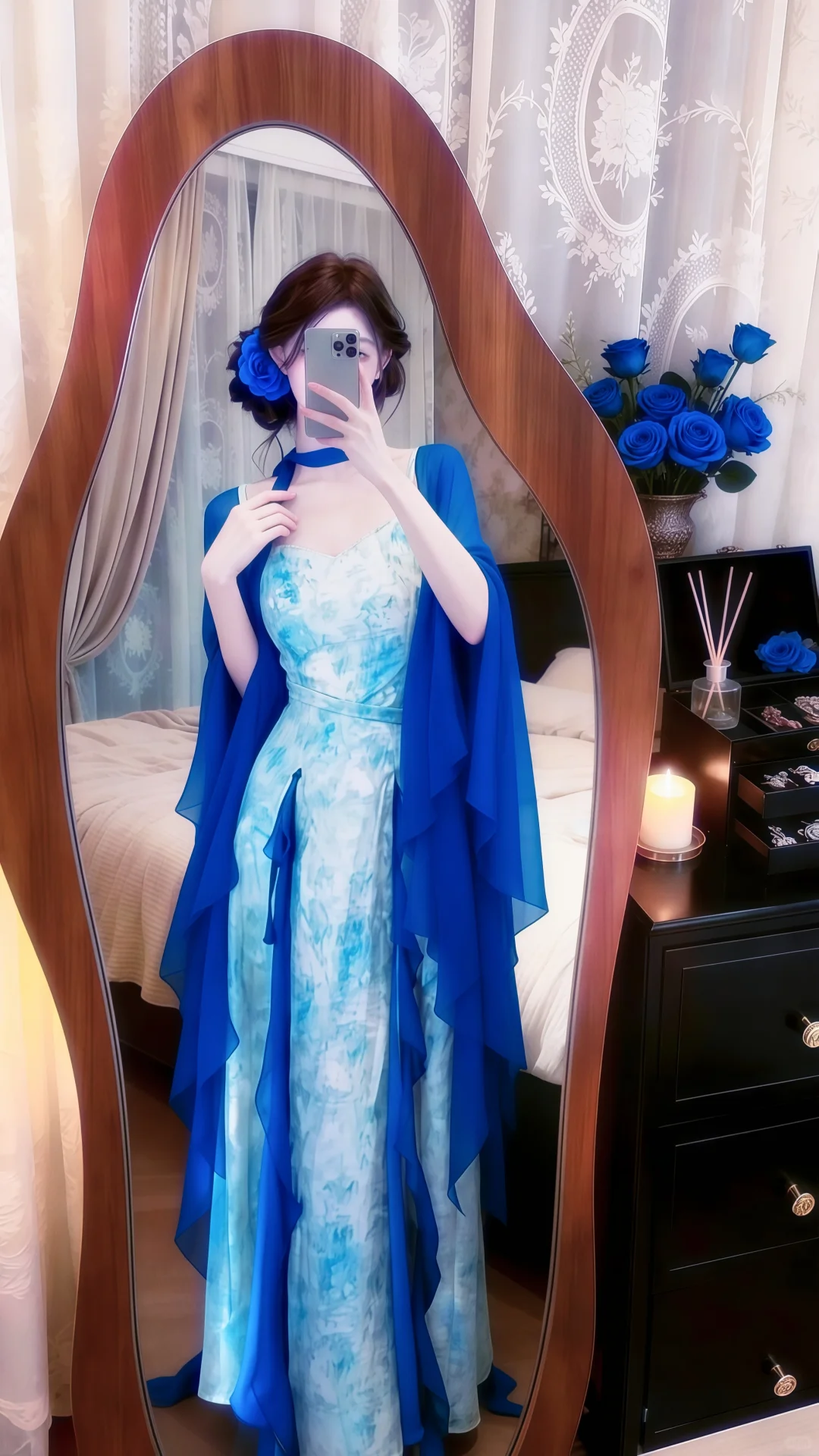 Blue‑White Ink‑Wash Spaghetti Straps Evening Gown, Chiffon Cape Set Tie‑Dye Print Long Prom Dress gh9134
