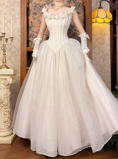 Off‑White Rose Spaghetti Strap Fitted Waist Figure‑Flattering Elegant Full Flared Skirt Vintage Prom Gown, Wedding Dress gh8601