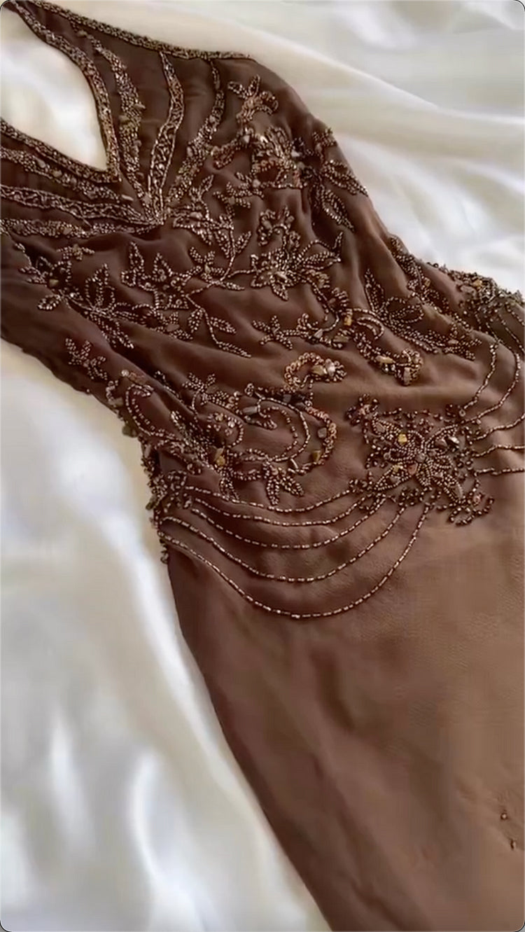Mint Chocolate Ballkleid Braun Blau Farbverlauf Wunderschönes leichtes exquisites Perlenbesatz Spaghettiträger Langes Chiffon Abendkleid Partykleid gh3338