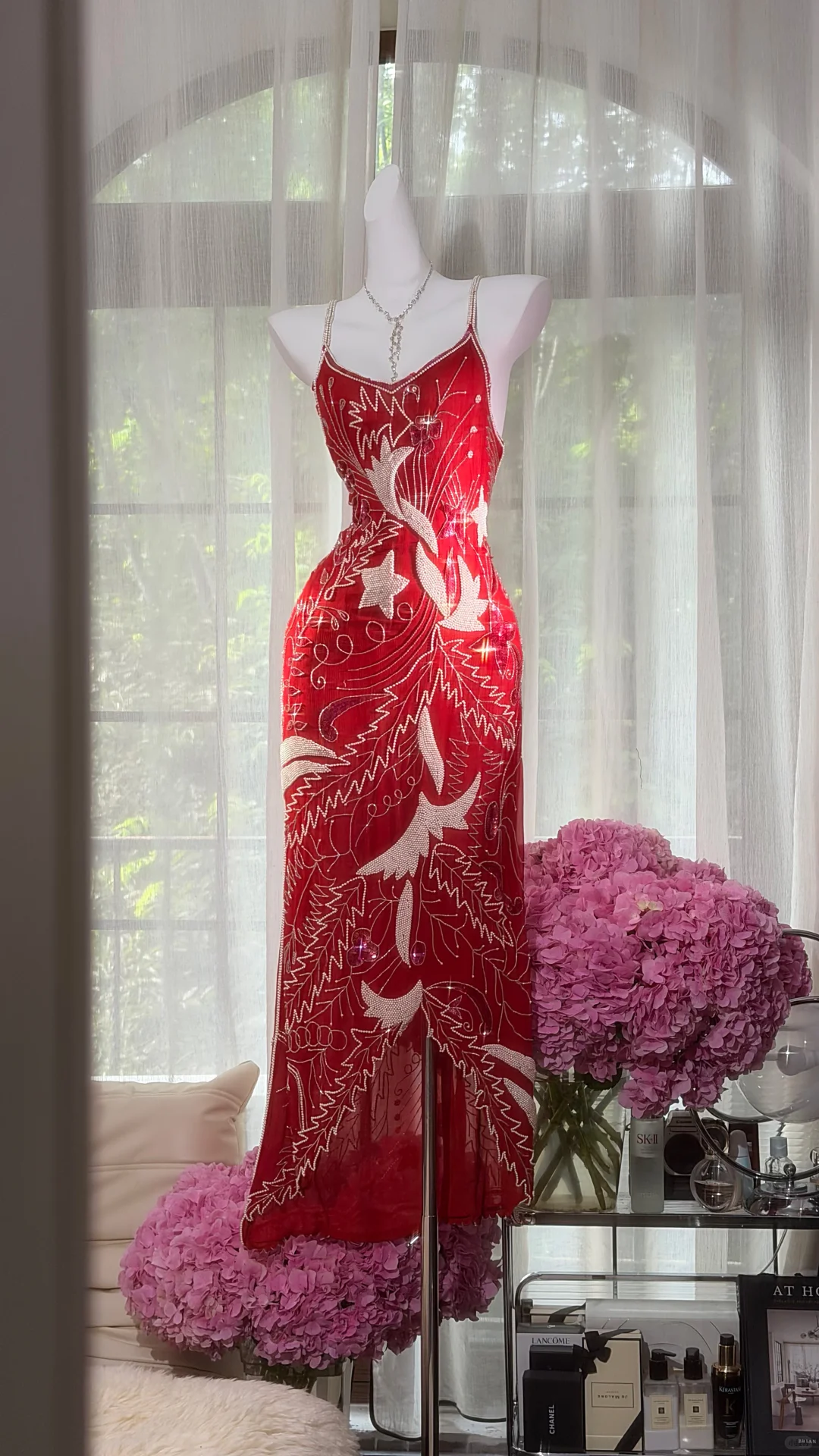 Red Heavy Beaded Sequin Maxi Evening Dress, V Neck Thin Strap Vintage Gatsby Formal Gown, High Slit Embroidered Party Prom Dress gh9490