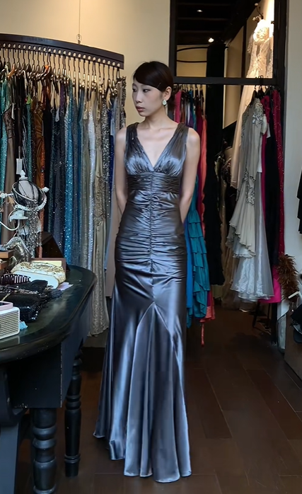 Slate Blue Satin Deep V Evening Gown Sleeveless Ruched Bodice Mermaid Long Prom Dress gh9719