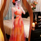 Orange‑Red Tie‑Dye Spaghetti Straps Evening Gown, Deep V Neck Cutout Waist Chiffon Floor‑Length Prom Dress gh9142