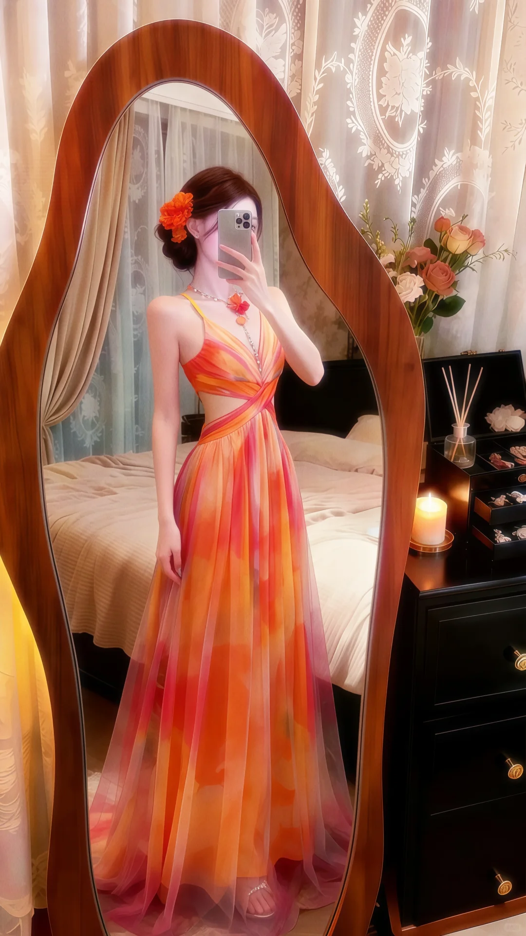 Orange‑Red Tie‑Dye Spaghetti Straps Evening Gown, Deep V Neck Cutout Waist Chiffon Floor‑Length Prom Dress gh9142
