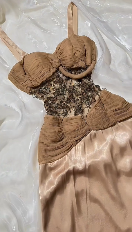 Vintage Brown Spaghetti Strap Beaded Fitted Waist Long Prom & Evening Party Dress gh8539
