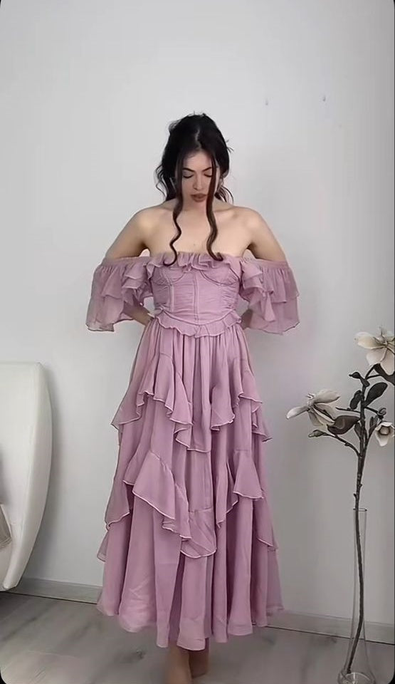 Robe de soirée longue en mousseline de soie et tulle, élégante et vintage, violette, tenue de soirée, de mariage, d'anniversaire, gh4062