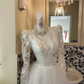 Ivory V-Neck Lace Long Sleeve Waist-Cinched Voluminous Skirt Long Romantic Dress, Wedding Gown gh7606