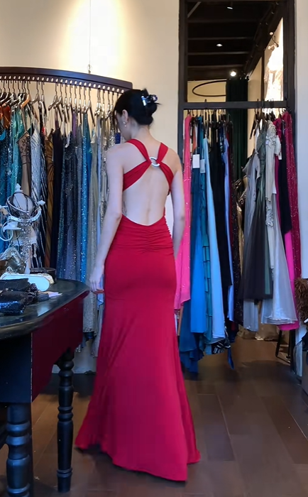 Wide Strap V Neck Bright Red Evening Gown Ruched Bodice Front Slit Mermaid Long Prom Dress gh9698