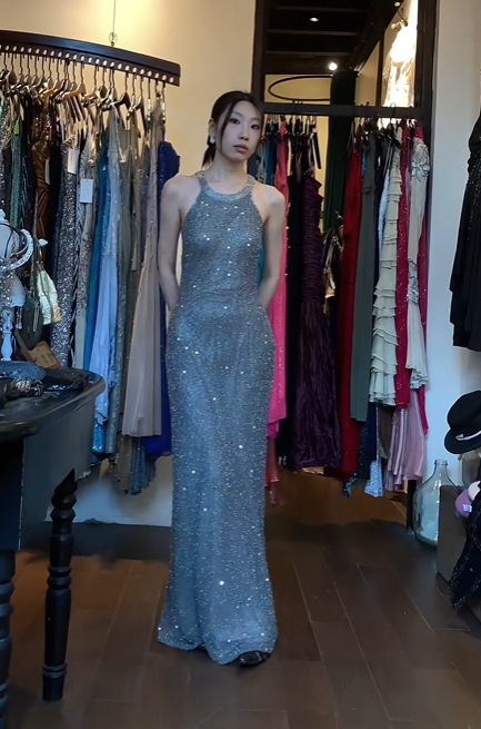 Dusty Blue Beaded Halter Mermaid Evening Dress With Pockets gh9675